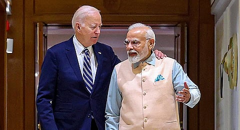 Prime Minister Narendra Modi with US President Joe Biden, in New Delhi, Friday, Sept. 8, 2023. 