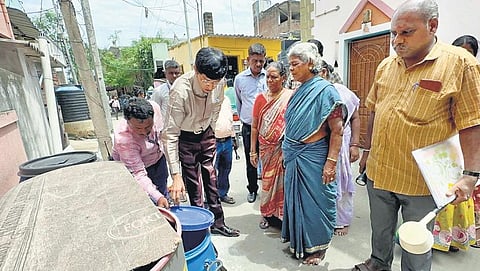 Corporation Commissioner J Radhakrishnan inspecting a house for mosquito breeding on Monday | EXPRESS