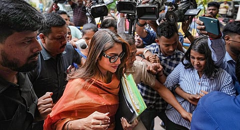 TMC MP Nussrat Jahan arrives at the ED office in Kolkata, on Sept. 12, 2023,  for questioning in a case of alleged fraud by a real estate company, of which she was a director. (Photo | PTI)
