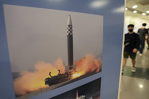 A photo showing North Korea's missile launch is displayed at the Unification Observation Post in Paju, South Korea, near the border with North Korea, Wednesday, Sept. 13, 2023. (Photo | AP)