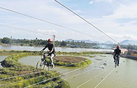 CCMC has started the trial run of zip line and zip line bicycling across Periyakulam lake. The two adventure sports are set to be launched in a week. (Photo | S Senbagapandiyan)