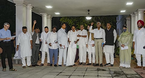 opposition leaders after the first Coordination Committee meeting of the opposition alliance INDIA, at Sharad Pawar's residence in New Delhi, Wednesday, Sept. 13, 2023.(Photo | PTI)