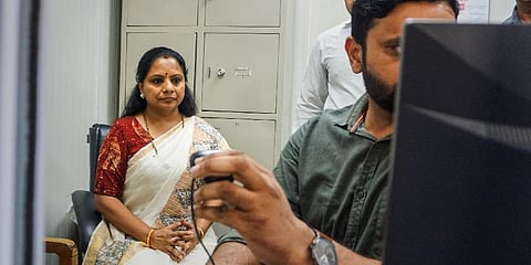 FILE: BRS leader K Kavitha at the Enforcement Directorate (ED) office in connection with the Delhi excise policy case. (Photo | PTI)