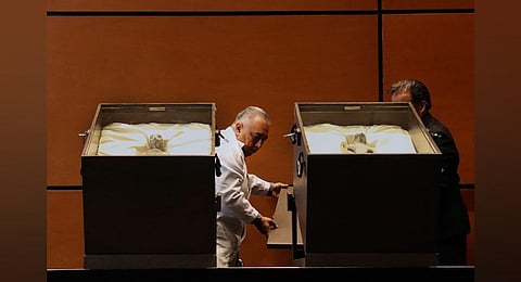 Alleged bodies of two 'non-human' beings were exhibited at the Mexican Congress in Mexico City on September 12, 2023.  (Photo | AFP)