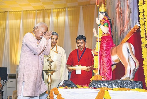 RSS chief Mohan Bhagwat and general secretary Dattatreya Hosabale during the Akhil Bharatiya Samanvay Baithak in Pune on Thursday | PTI