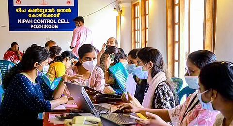 Representational Image: Health workers at a control room set up amid Nipah virus outbreak in Kerala, in Kozhikode, Thursday, Sept. 14, 2023. (Photo | PTI)