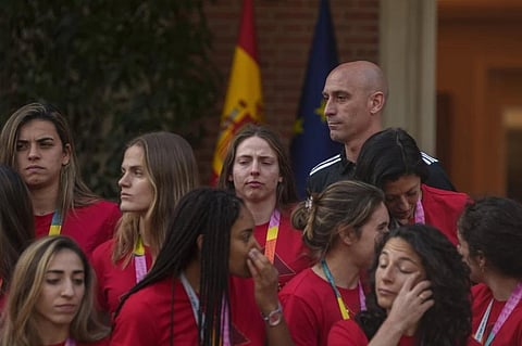 FILE - Then President of Spain's soccer federation, Luis Rubiales, top right, stand with team after their World Cup victory at La Moncloa Palace in Madrid, Spain, Aug 22, 2023. (Photo | AP)