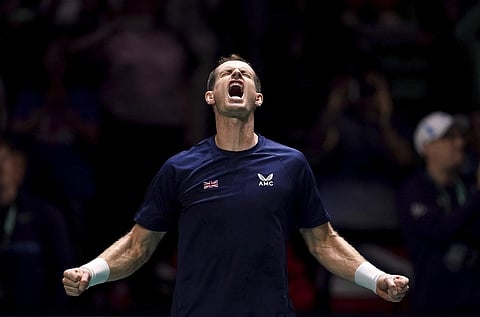 Great Britain's Andy Murray celebrates beating Switzerland's Leandro Riedi during the Davis Cup group stage match at the AO Arena, in Manchester, England, Friday, Sept. 15, 2023. (Photo | AP)