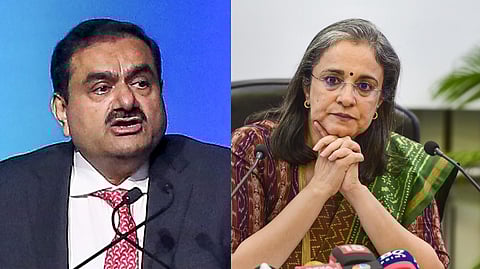 A collage of Adani Group chairman Gautam Adani (L) and SEBI Chairperson Madhabi Puri Buch (R).