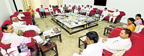 Chief Minister K Chandrasekhar Rao addresses the BRS Parliamentary Party meeting at Pragathi Bhavan on Friday