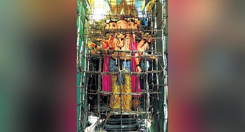 A team lead by Telangana-based Kothakonda Nagesh is working on the 117-ft clay Ganesh idol  | G Satyanarayana