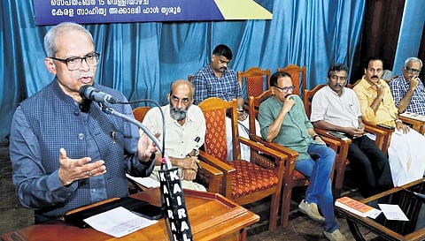 Political economist and author Parakala Prabhakar speaks at a programme organised by Samadarshi in Thrissur  | EXPRESS