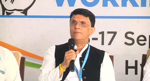 Congress spokesperson Pawan Khera addresses a press conference ahead of the CWC meeting in Hyderabad, Sept 16, 2023. (Photo | X@INCIndia)