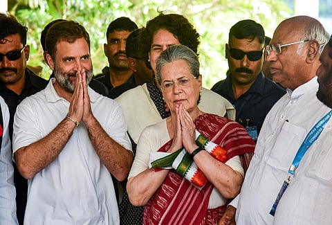 Congress President Mallikarjun Kharge with party leaders Sonia Gandhi and Rahul Gandhi arrives to attend Congress Working Committee (CWC) meeting, in Hyderabad. (PTI)