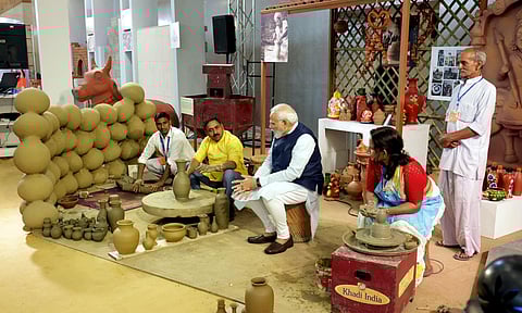 Prime Minister Narendra Modi visits an exhibition during the inauguration of the India International Convention and Expo Centre (IICC), in New Delhi, Sunday, Sept. 17, 2023. (Photo | PTI)