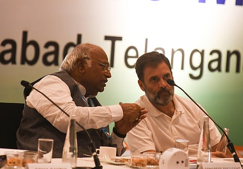 Congress leader Rahul Gandhi with AICC president Mallikarjun Kharge at the Congress Working Committee meeting in Hyderabad, Sept 17, 2023. (Photo | Vinay Madapu, EPS)