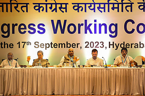 Congress President Mallikarjun Kharge with Sonia Gandhi, Rahul Gandhi and other senior leaders during the second day of Congress Working Committee (CWC) meeting, in Hyderabad on Sunday. (Photo | PTI)