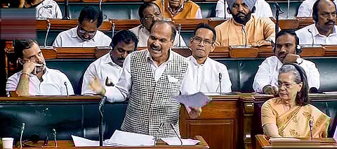 Congress MP Adhir Ranjan Chowdhury speaks in the Lok Sabha during a special session of Parliament, in New Delhi, Monday, Sept. 18, 2023. (Photo | PTI)