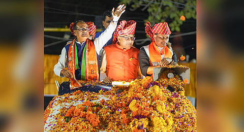 Madhya Pradesh CM Shivraj Singh Chouhan with senior BJP leader Ravi Shankar Prasad and others during BJP's 'Jan Ashirwad Yatra', in Guna, on Sept. 16, 2023. (PTI)