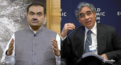 FILE - A collage of former SBI chairman OP Bhatt (R) and Adani Group chairman Gautam Adani, used for representational purposes only.