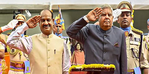 Rajya Sabha Chairman Jagdeep Dhankhar with Lok Sabha Speaker Om Birla during the flag hoisting ceremony at new Parliament building, in New Delhi,
