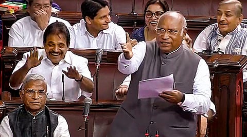 Leader of Opposition in Rajya Sabha Mallikarjun Kharge speaks in the House during a special session of Parliament, in New Delhi, Monday, Sept. 18, 2023. (Photo | PTI)