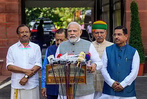 Prime Minister Narendra Modi addresses the media on the first day of the Special session of Parliament, in New Delhi. (PTI)
