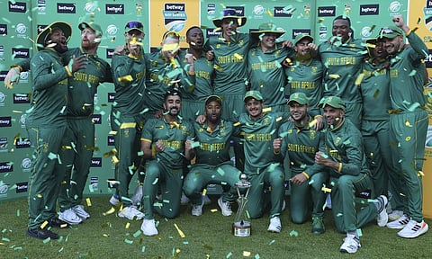South Africa cricket team celebrates their 3-2 series wine against Australia at the Wanderers Stadium in Johannesburg, South Africa, Sunday, Sept. 17, 2023. (Photo | AP)