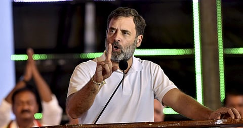 Congress leader Rahul Gandhi addresses a gathering during the 'Vijayabheri' public meeting, at Thukuguda on the outskirts of Hyderabad on Sunday. (Photo | PTI)
