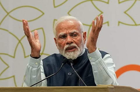 Prime Minister Narendra Modi speaks during the inauguration of India International Convention and Expo Centre (IICC), in New Delhi on Sunday. (Photo | PTI)