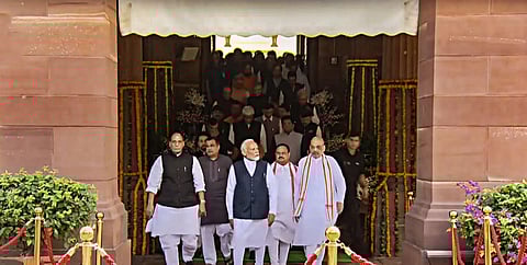 PM Modi with Union Ministers Amit Shah, Rajnath Singh and Nitin Gadkari, BJP MP JP Nadda walks towards the new Parliament building, in New Delhi, Tuesday, Sept. 19, 2023. (Photo | PTI)