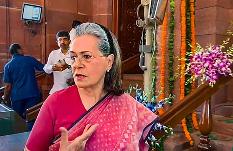 Congress MP Sonia Gandhi arrives at the Parliament House during a special session, in New Delhi, on Tuesday, Sept. 19, 2023. (Photo | PTI)
