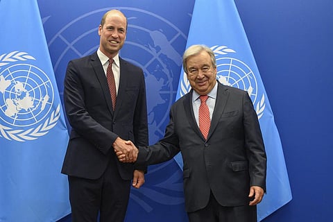 Britain's Prince William shakes hands with United Nations Secretary General Antonio Guterres during a meeting at United Nations headquarters. (Photo | AP)