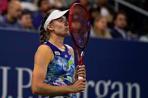 Elena Rybakina reacts during a match against Sorana Cirstea during the third round of the U.S. Open tennis championships. (Photo | AP)
