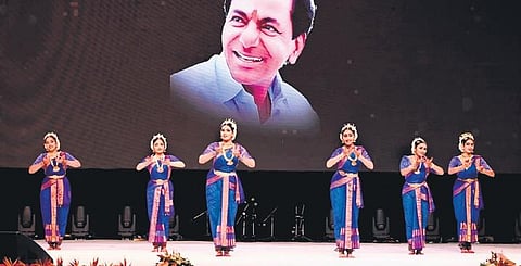 Artistes perform at the concluding ceremony of Swatantra Bharata Vajrotsavalu at the HICC in Hyderabad on Friday