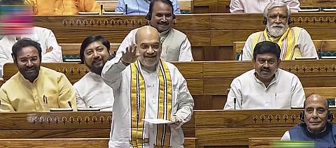 Union Home Minister Amit Shah speaks in the Lok Sabha during the special session of the Parliament, in New Delhi, Wednesday, Sept. 20, 2023. (Photo | PTI)