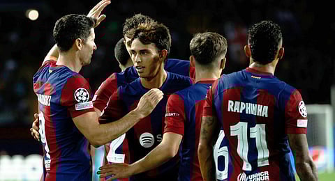 Barcelona players celebrate João Félix's opening goal. (Photo | AP)