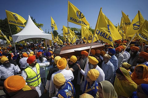FILE - Mourners carry the casket of Hardeep Singh Nijjar during Antim Darshan, the first part of a day-long funeral service for him, in Surrey, British Columbia, June 25, 2023. (Photo | AP)