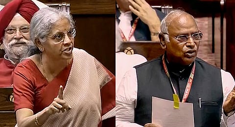 Nirmala Sitharaman and Mallikarjun Kharge in Rajya Sabha (PTI)