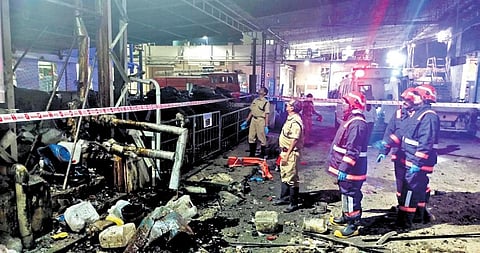 Fire and Rescue Services officials inspecting the accident spot at Nitta Gelatin in Kakkanad | Express