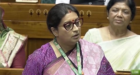 Women and Child Development Minister Smriti Irani speaks on the Women's Reservation Bill in the Lok Sabha, on Sept 20, 2023. (Photo | SansadTV)