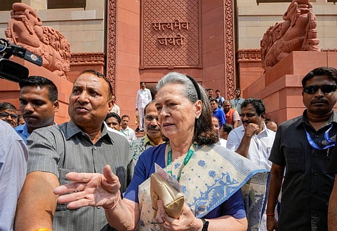 Congress MP Sonia Gandhi leaves the Parliament House during the special session, in New Delhi, Wednesday, Sept. 20, 2023. (Photo | PTI)