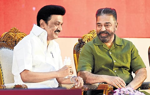 MK Stalin shares a light moment with  actor and Makkal Needhi Maiam president Kamal Haasan during the launch of Kalaignar-100 book event | Ashwin Prasath