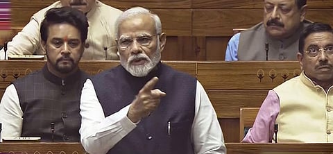 Prime Minister Narendra Modi speaks in the Lok Sabha during the special session of the Parliament, in New Delhi, Thursday, Sept. 21, 2023. (Photo | PTI)