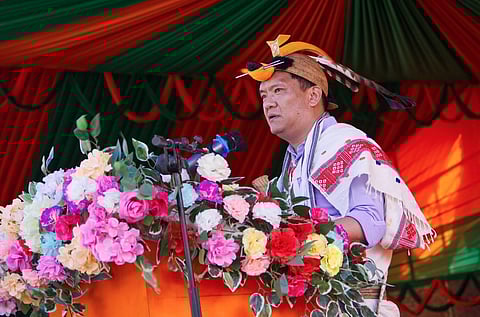 Arunachal Pradesh Chief Minister Pema Khandu at a public meeting held in Yachuli where he announces the creation of a new district, Keyi Panyor. (Photo | Pema Khandu Twitter)