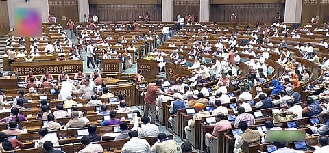 Members of Parliament while voting on clauses of the Women's Reservation Bill in Lok Sabha during the Special Session of Parliament, in New Delhi on Wednesday. (Photo | Sansad TV)