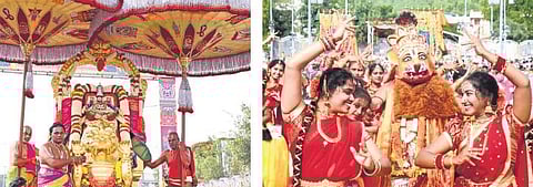 Simha Vahana Seva being performed to Sri Malayappa Swamy at Tirumala on Wednesday; Cultural programmes being held at Four Mada Streets I Madhav K