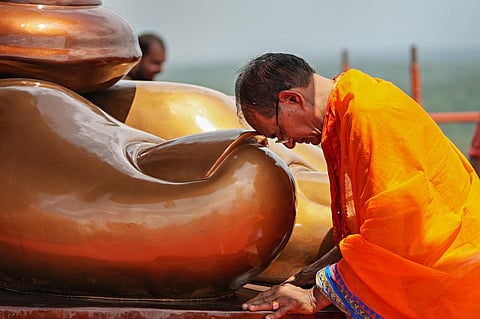 Madhya Pradesh CM Shivraj Singh Chouhan during the unveiling ceremony of a 108-foot-tall statue of Hindu saint Adi Shankaracharya, named 'Ekatmata Ki Pratima' (Statue of Oneness). (PTI)