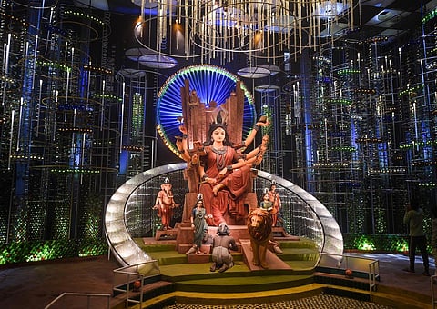 An idol of goddess Durga at a community pandal. For representational purpose