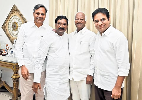 T Rajaiah and K Srihari with BRS working president KT Rama Rao on Friday